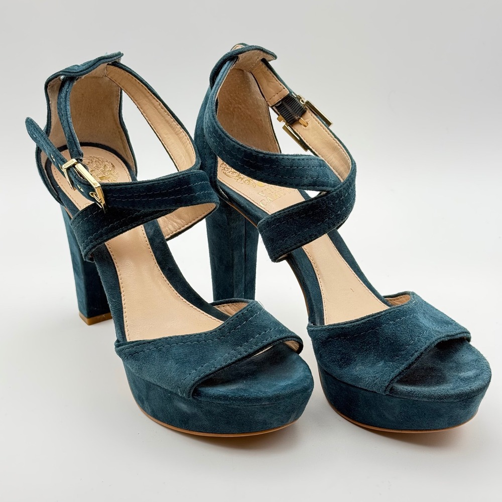 Vince Camuto Shayla Teal Blue Suede Platform Block Heel Sandals Womens 7.5 M - Picture 10 of 12